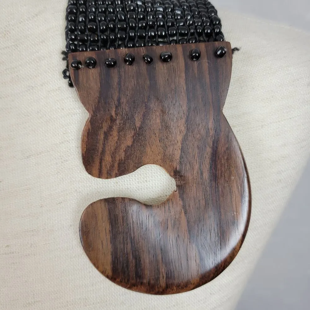 Vintage Handmade Black Beaded Belt with Wooden Hook Buckle Elastic Stretchy - Image 4