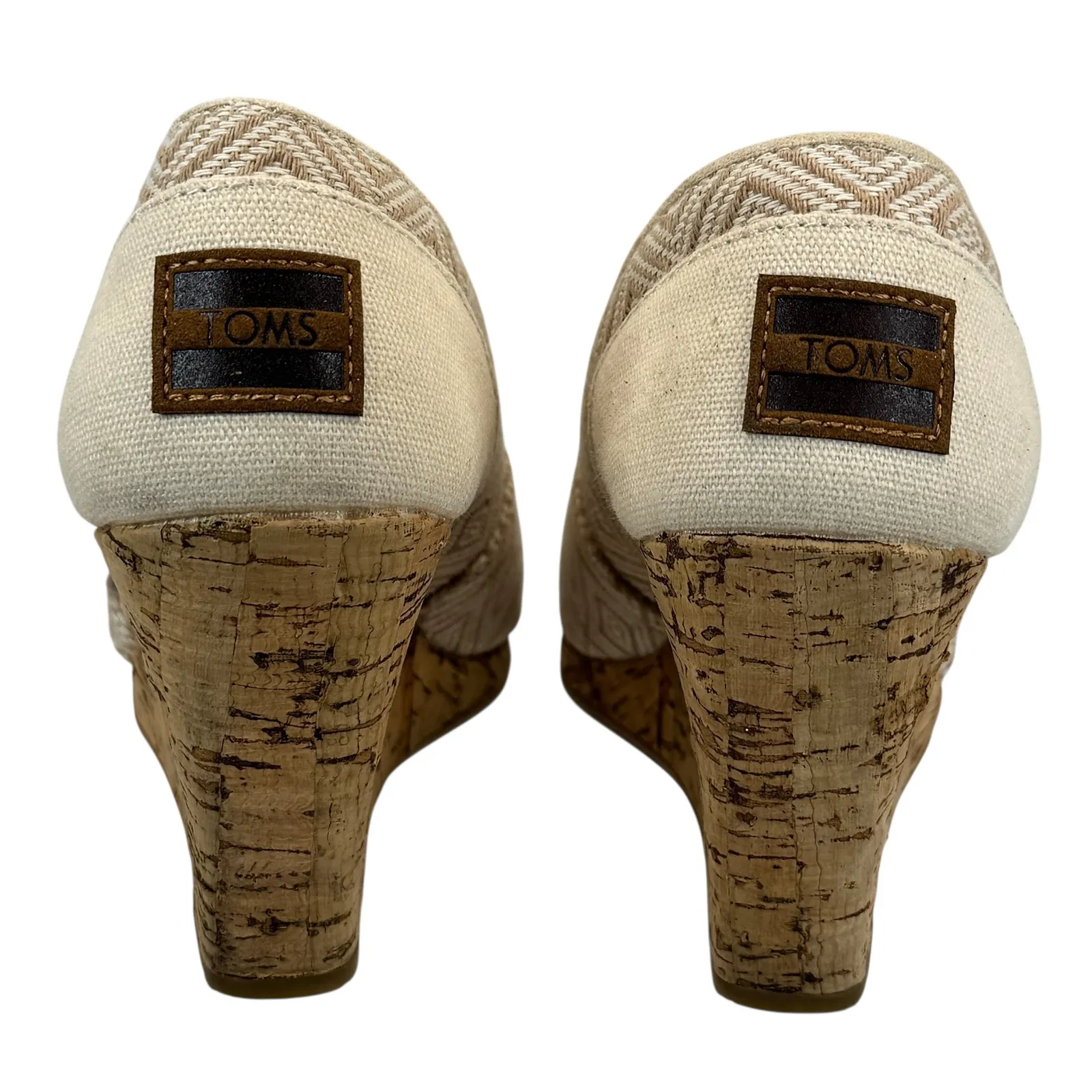 TOMS Strappy Cork Wedge Sandals Sz 7 Beige Ikat Canvas Peep‎ Toe Espadrille Boho - Image 5