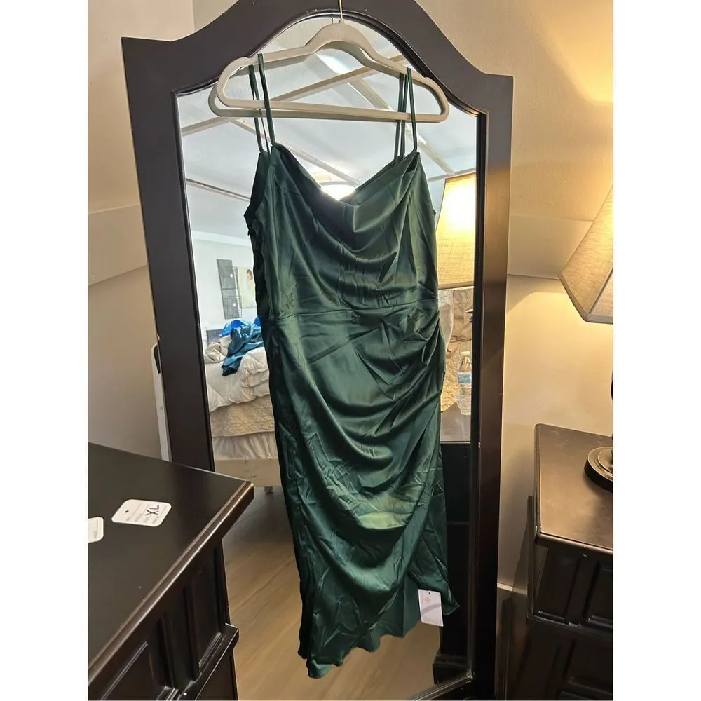 NEW Satin Slip Dress Cowl Neck Backless Ruched Bodycon Midi L Green Size L - Image 6