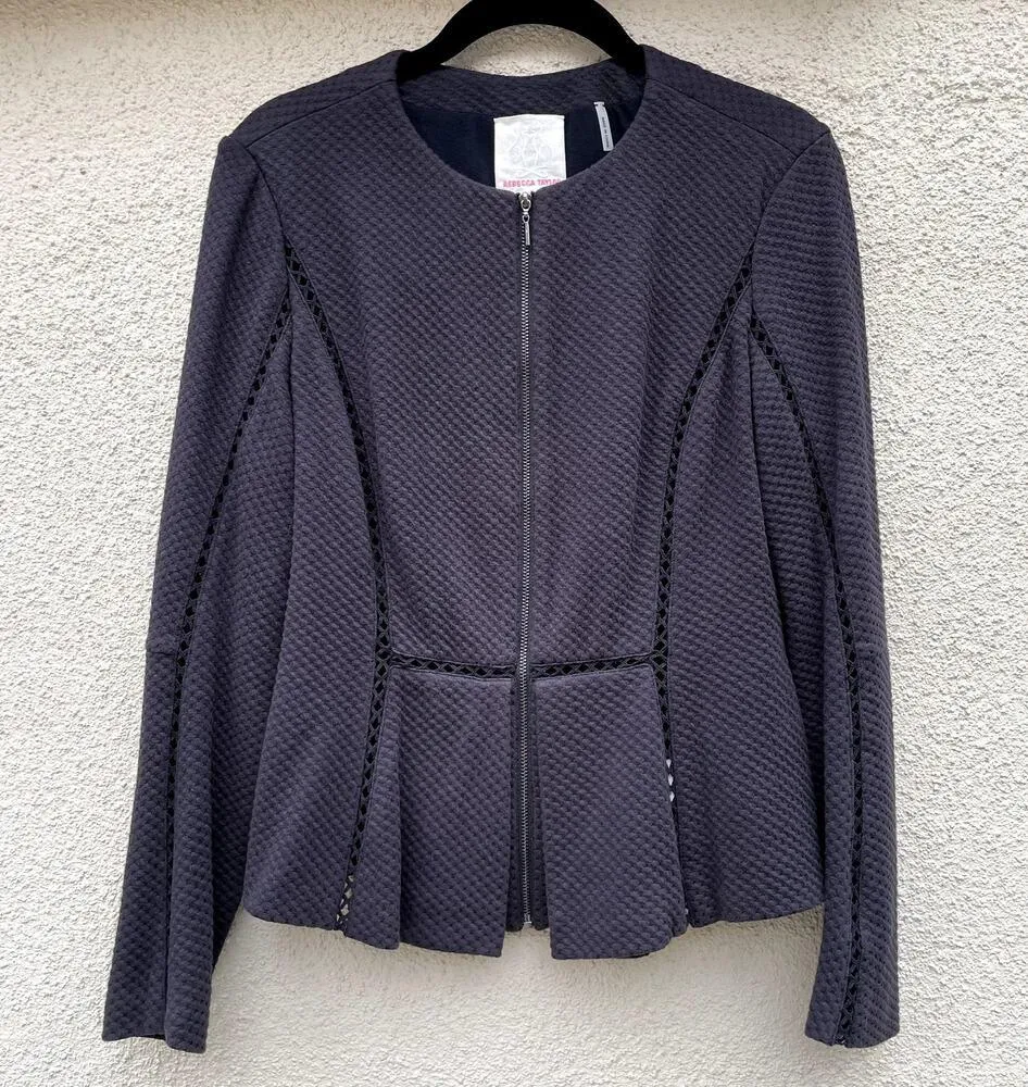 Rebecca Taylor Charcoal Black Peplum Jacket 6 Perforated Ladder Trim - Image 7