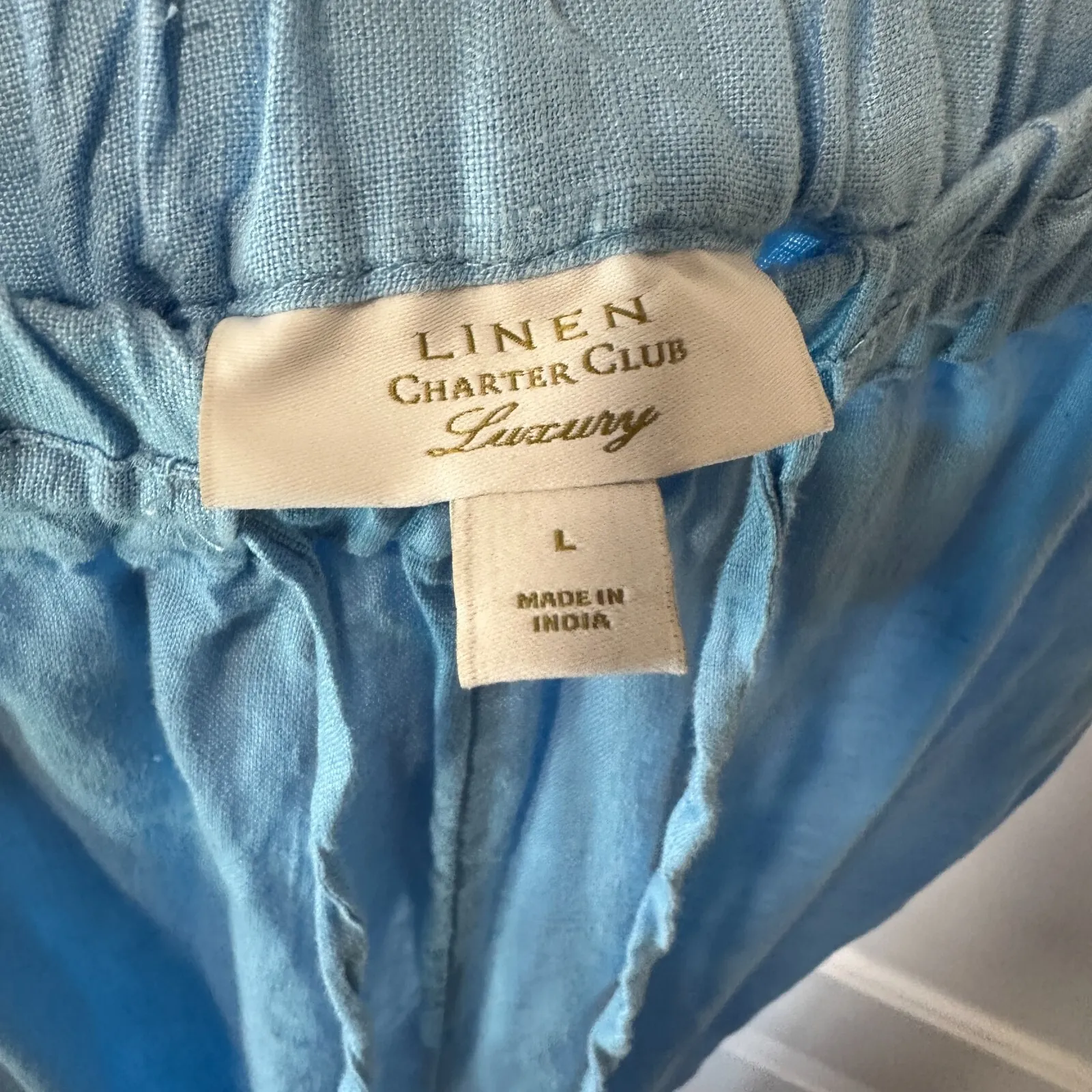 CHARTER CLUB Luxury Blue Linen Straight Leg Elastic Waist Pants Cropped‎ Large - Image 3