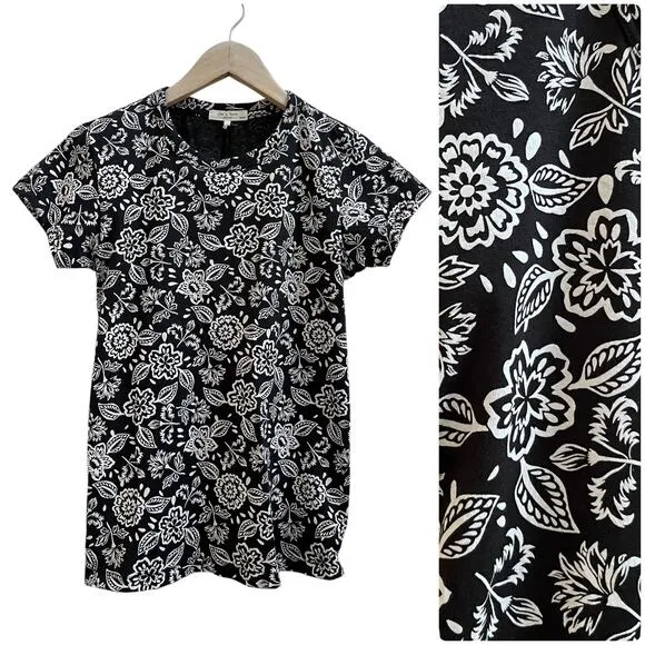 Rag & Bone Cotton Black White All Over Floral Print Crew Neck Tee Shirt Size XS - Image 2