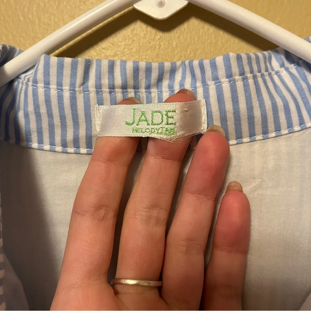 Jade Blue and White Striped Dress with Dark Blue Floral Accents Size M - Image 6