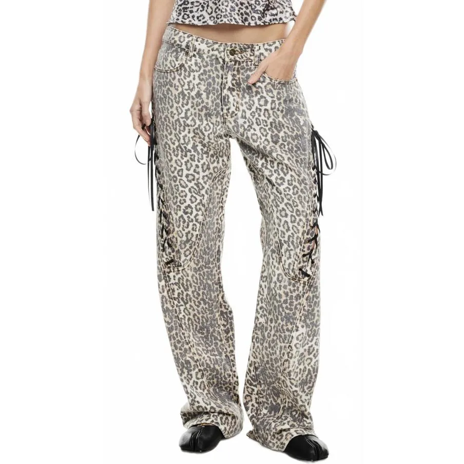 Lioness Dollhouse Lace-Up Striaght Leg Jeans Leopard Fade NWT XS - Image 3