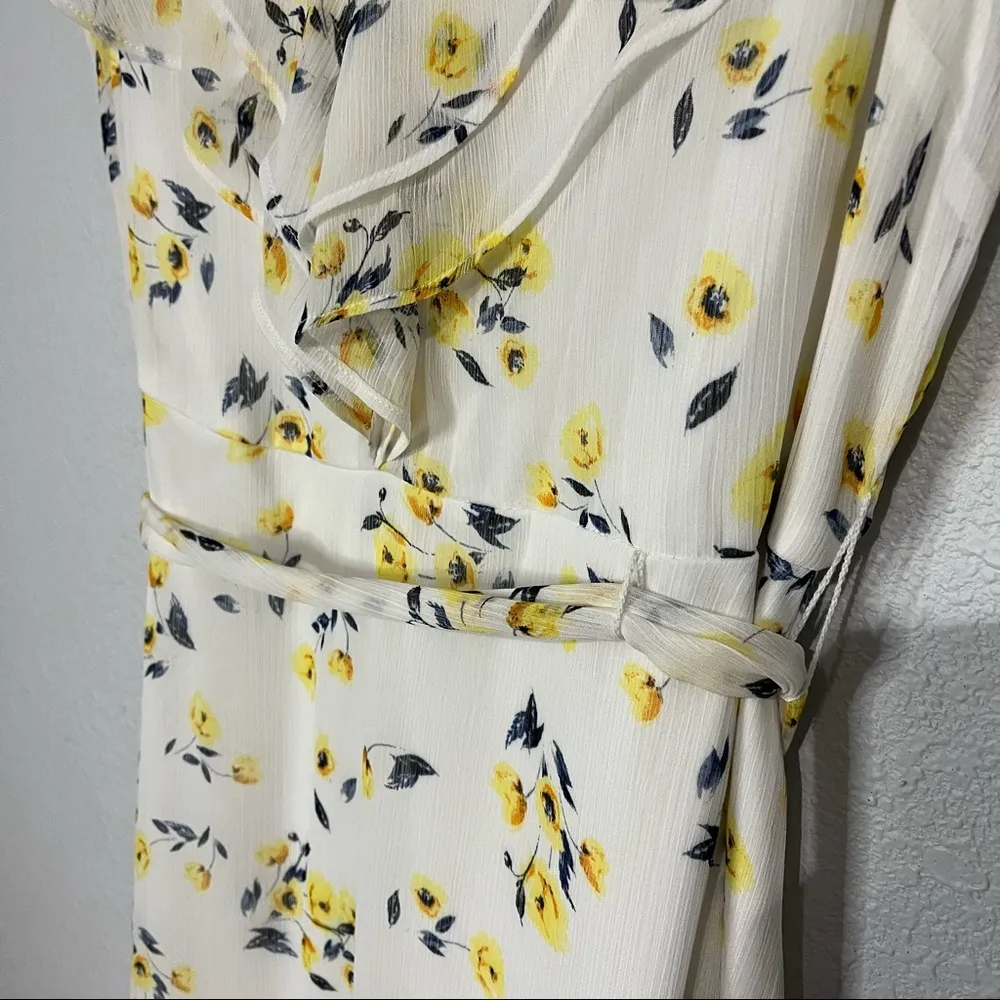 DKNY Midi Yellow Floral V-neck Ruffle Dress Size 12 - Image 7