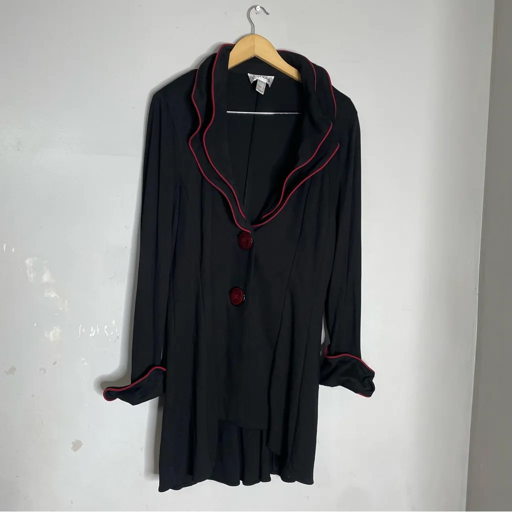 Joseph Ribkoff black and red ruffle trim wire collar button front jacket size 16 - Image 2