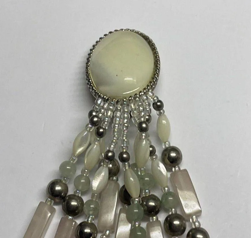 Handmade Beaded Statement Silver Tone Stone /Bead Clip On Earrings Dangle Fringe - Image 5