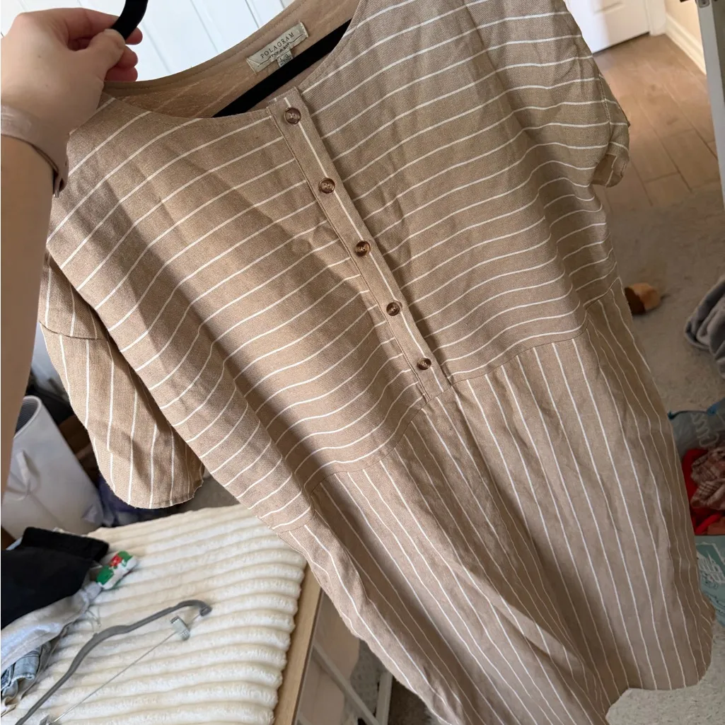 Polagram Tan and White Striped Button-Down Dress - Image 6