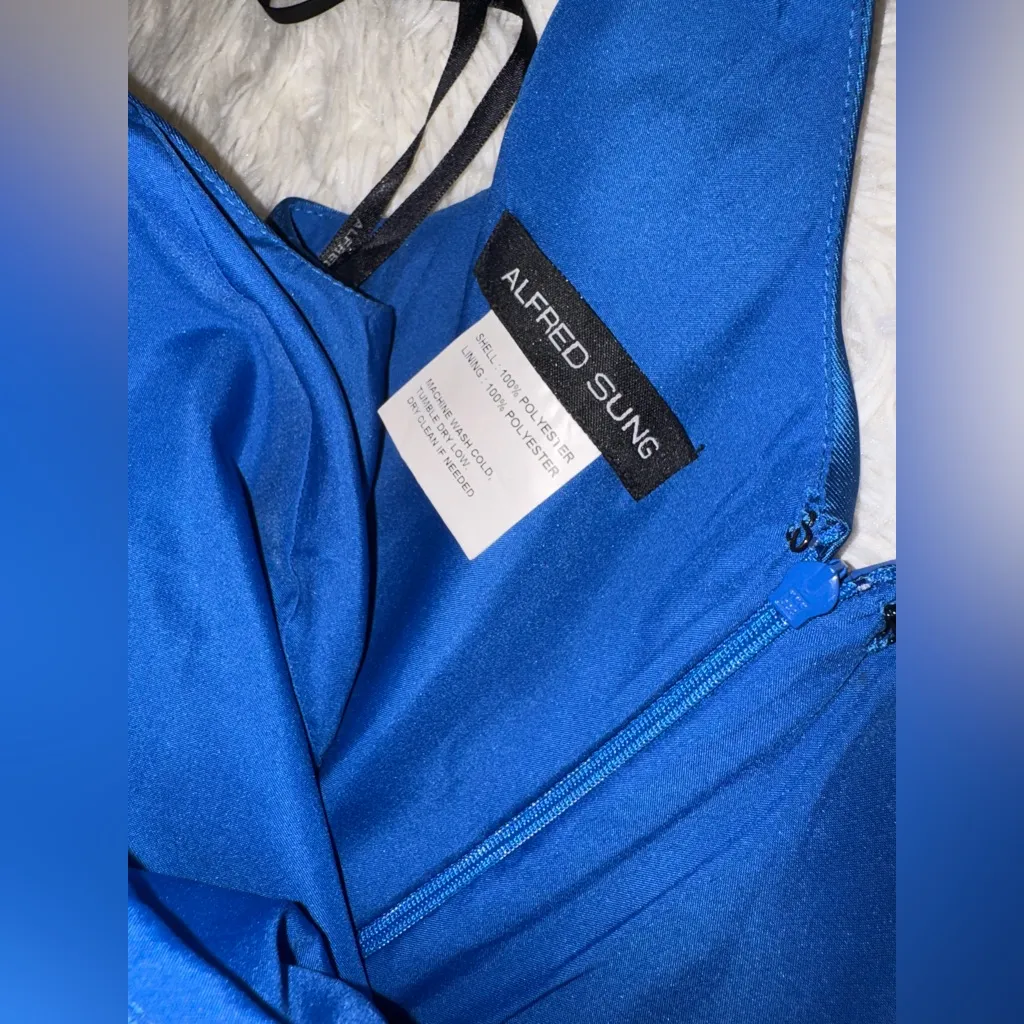 NEW ALFRED SUNG Strapless Satin Classic High Low Hem Dress D831 Blue sz US 2 - Image 6