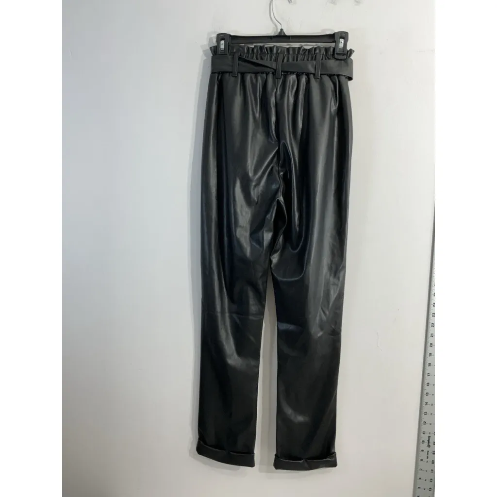 Womans So Good For Life Faux Leather Pants Small Black Elastic Belted Tie Waist - Image 2