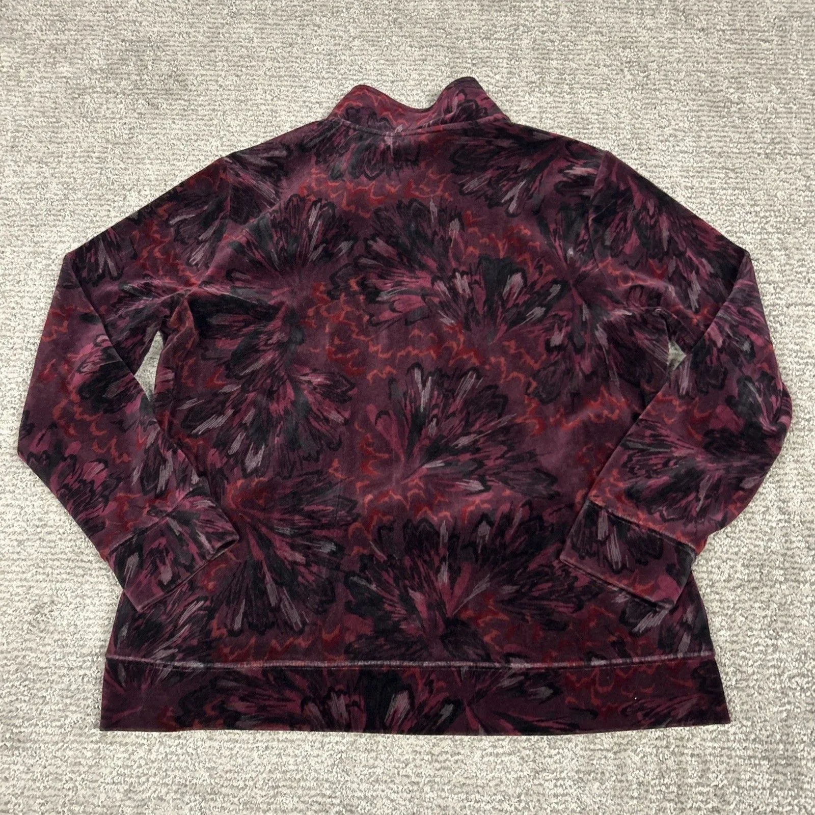 Karen Scott Jacket Womens Large Black Burgundy Floral Velvet Full Zip Velour - Image 4