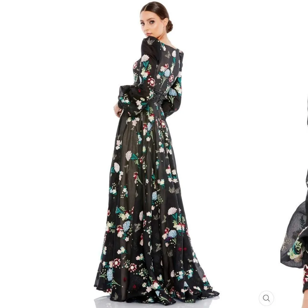 NWOT Mac Duggal 79361 EMBROIDERED BISHOP SLEEVE V NECK FLOWY GOWN Black Size 4 - Image 5