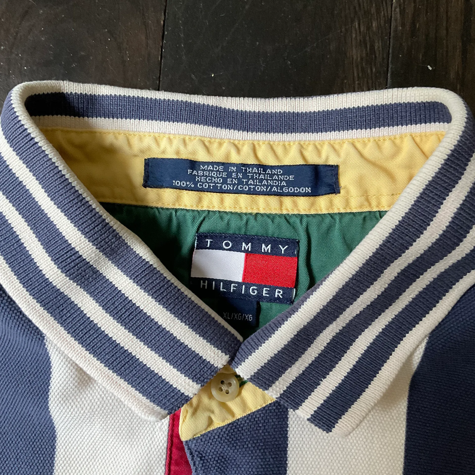 Vintage Y2K  Striped Cotton Green, Yellow, Blue, & Red Polo Button Short Sleeve Sz. XL - Image 5