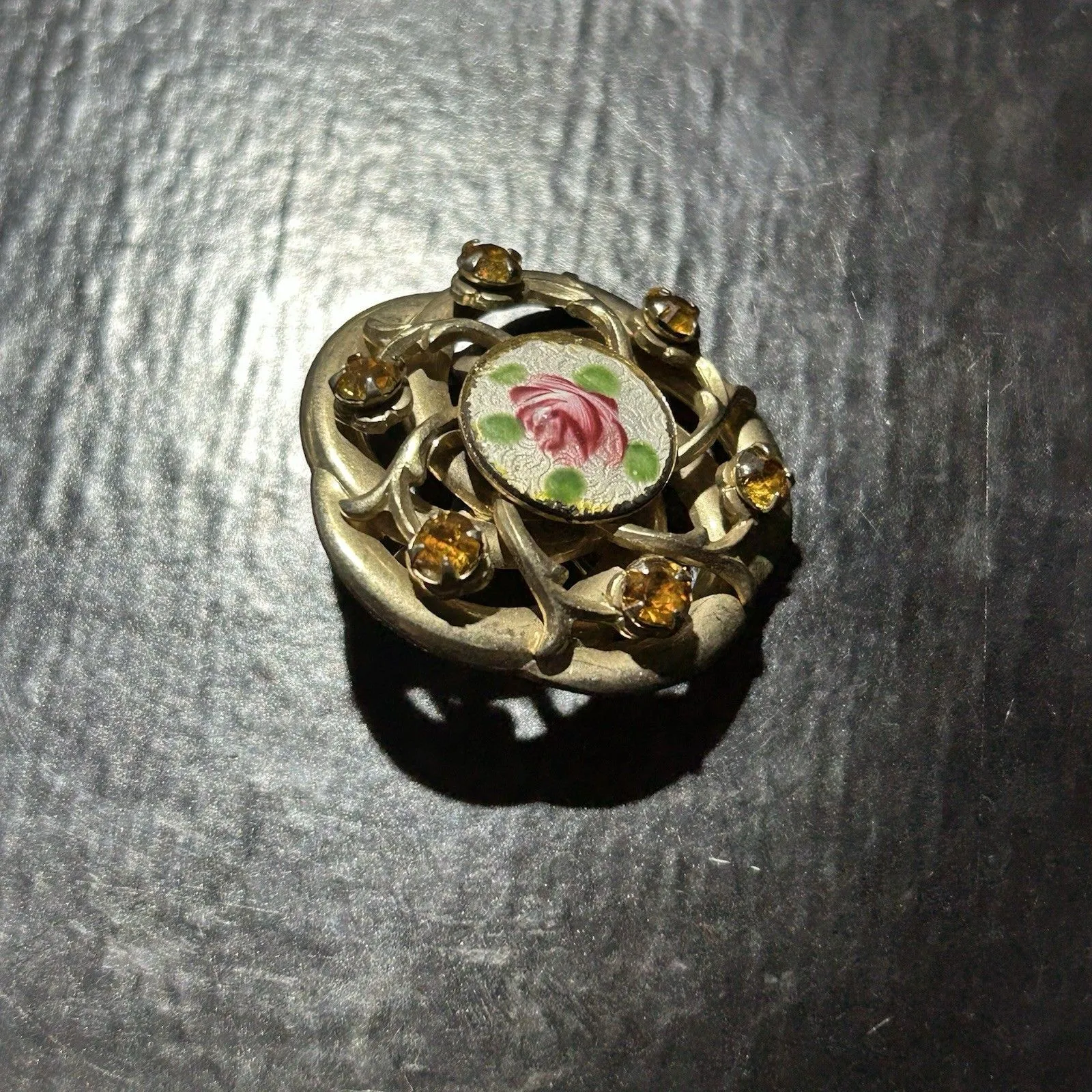 Vintage Brooch Amber Rhinestone Painted Enamel Flower Gold Metal Round - Image 2
