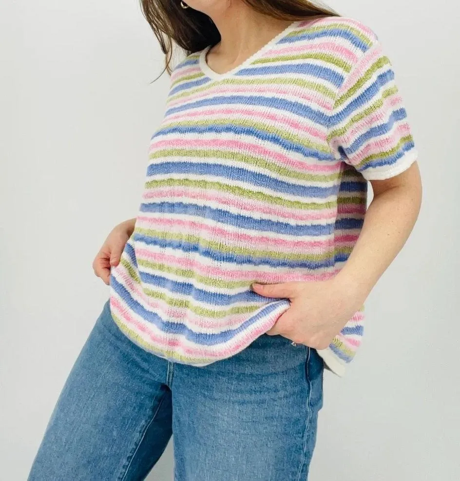 vtg cottagecore dainty scalloped pastel striped knit sweater ramie cotton top Pink Size XL - Image 7