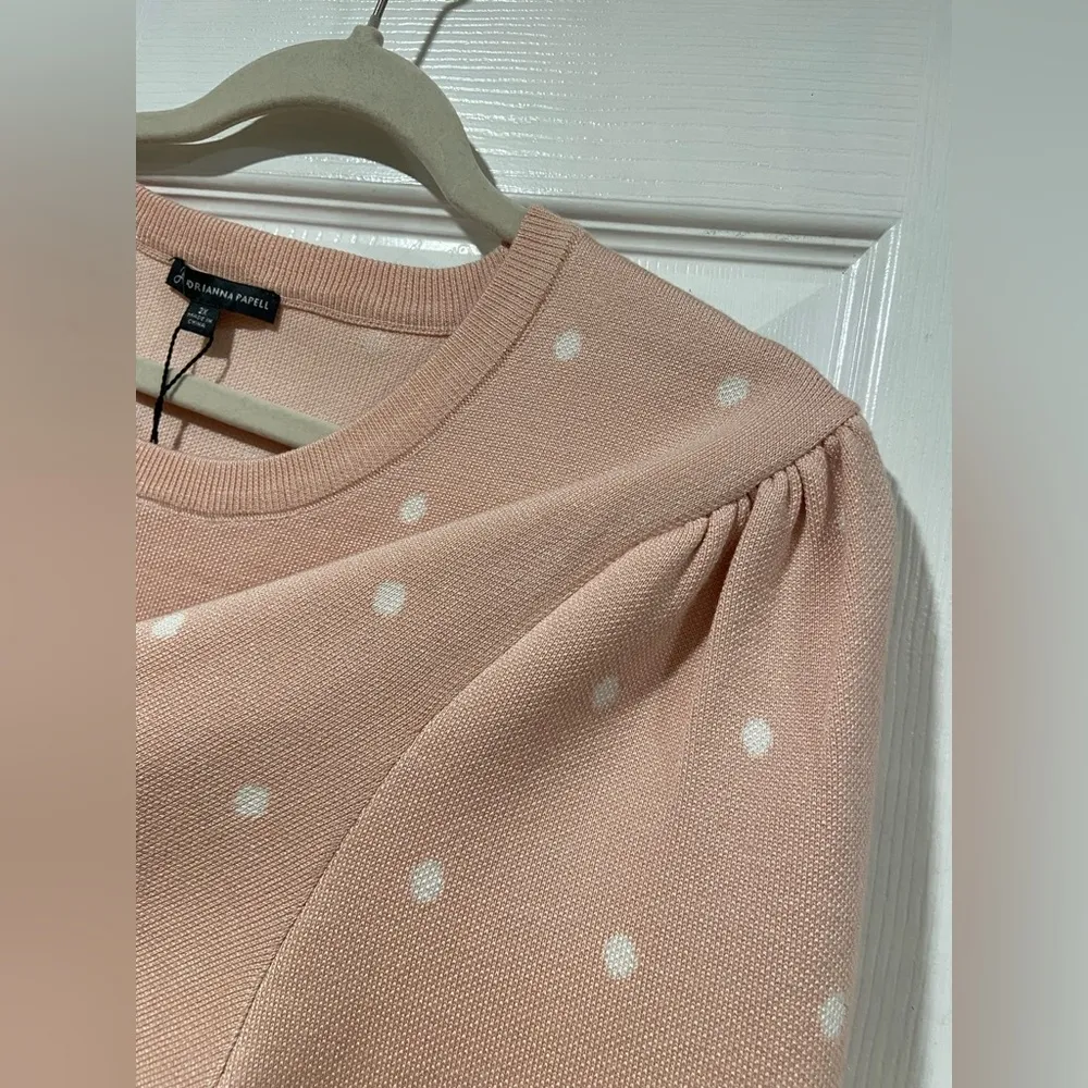 NWT Adrianna Papell Size 3X Pink White Polka Dot Knit Puff Sleeve Crew Sweater - Image 6