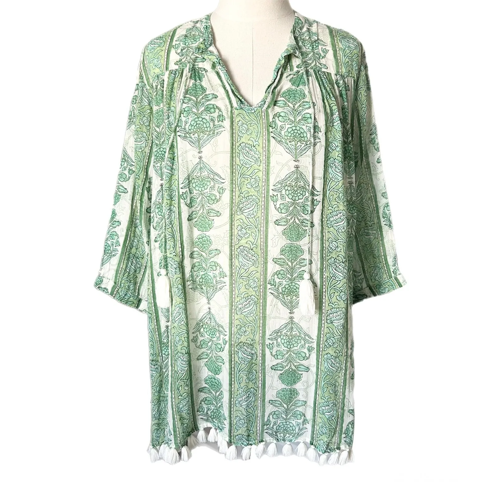 Roller Rabbit Tasseled Abstract Caftan Cover Up Dress Green White Floral Small - Image 2