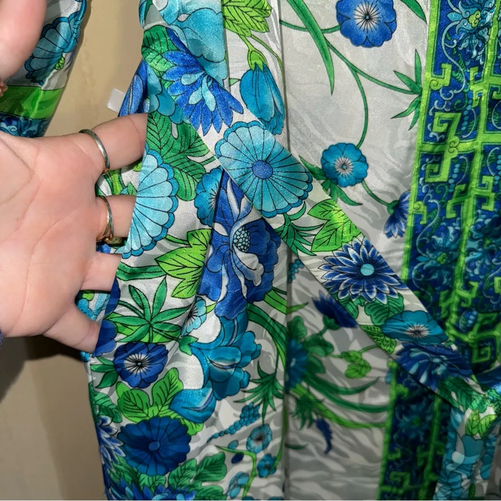 VTG Brownstone Studio NY‎ Kaftan Blue Green White Floral Mrs Roper LG Retro 70s - Image 6