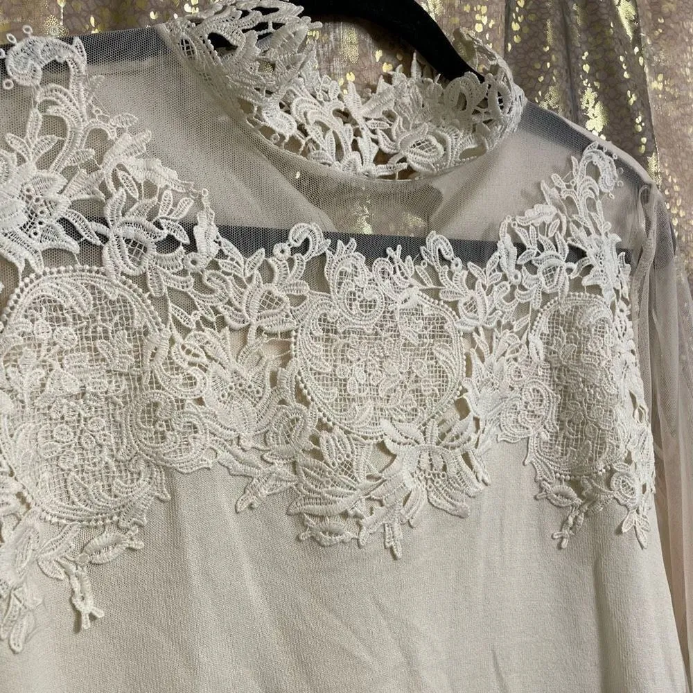 Adiva Ivory Crochet White Lace Mesh Sleeve Long Sleeve Sweater/Top, XL - Image 4