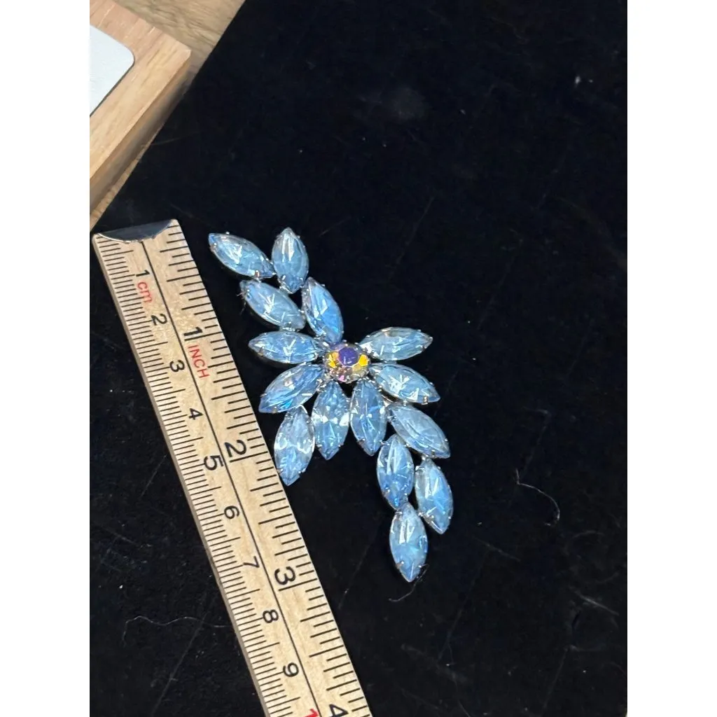 Vintage Rhinestone Brooch Pin With Blue Marquise Stones & Aurora Borealis Center - Image 9