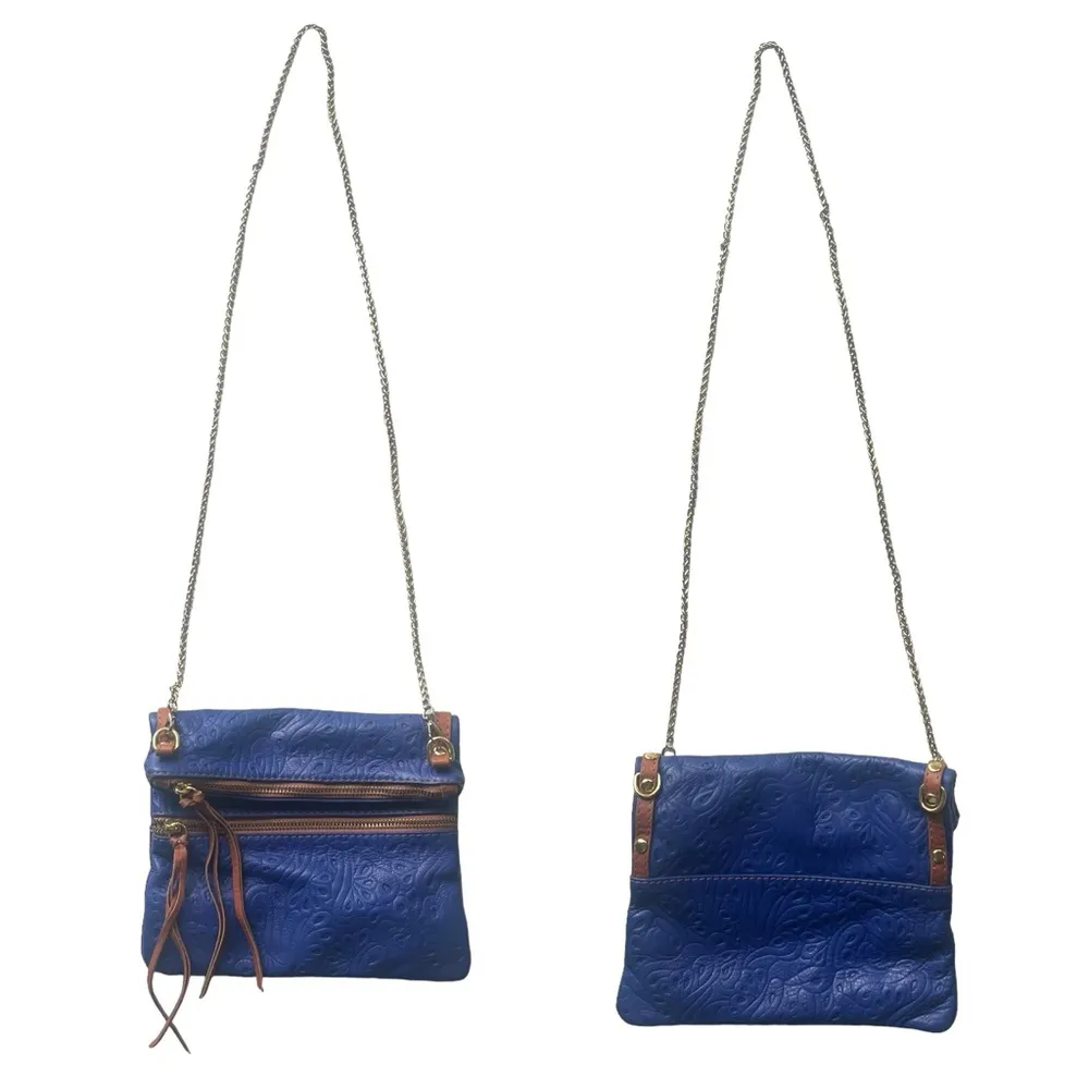 Italian Italy Leather Crossbody Purse Boho Fringe Embossed Floral Blue Gold NWOT - Image 12