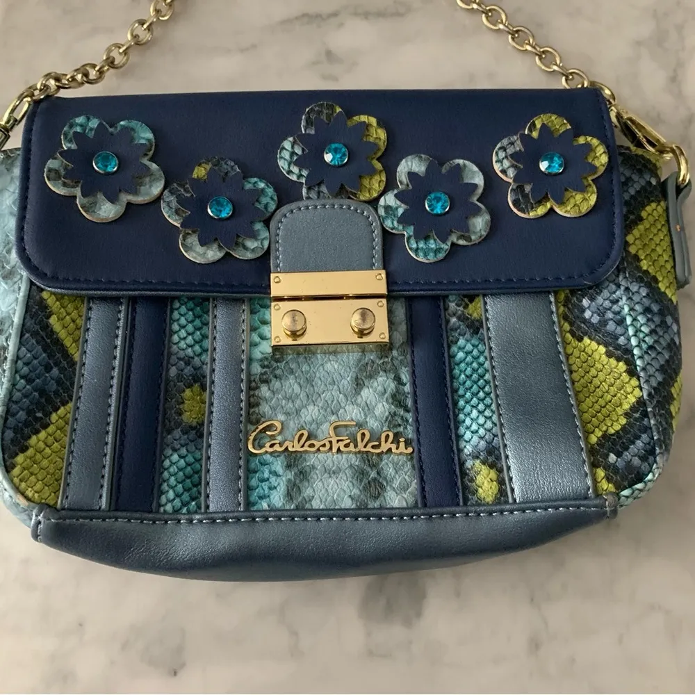Carlos Falchi Crossbody Purse Flower Embellished Snakeskin Pattern Chain Strap Blue - Image 3