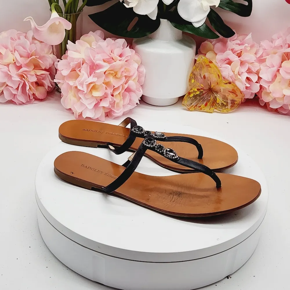 Badgley Mischka Jeweled Flats Shoes Thongs Leather Black Sz 9 - Image 9