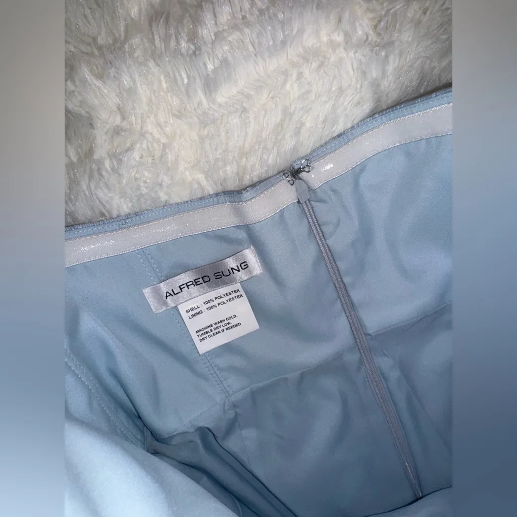 NWOT Alfred Sung Strapless Ruffle High-Low Satin Mist Blue Gown Sz 6 - Image 4