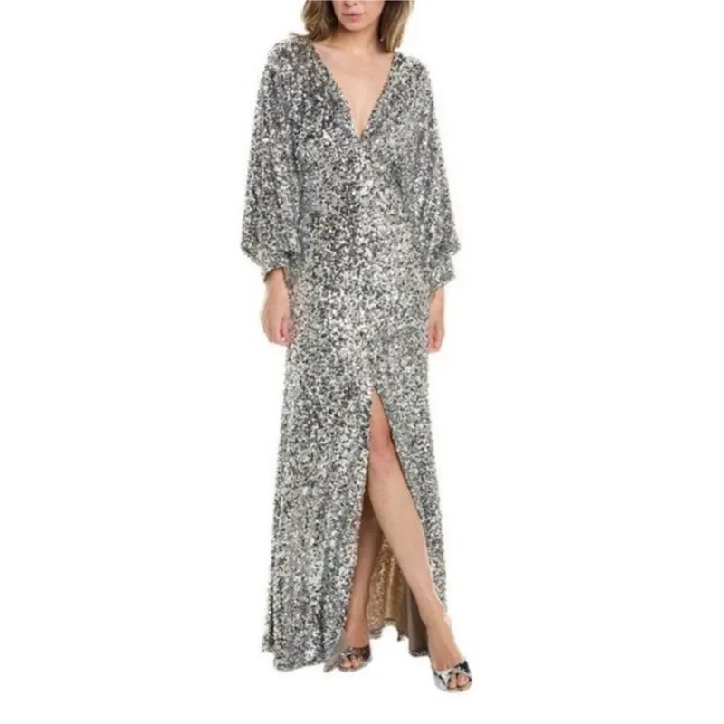 Sachin + Babi Size 8 NEW Womens Sequin Gabby Glitter Long Sleeve V Neck Gown NWT - Image 3