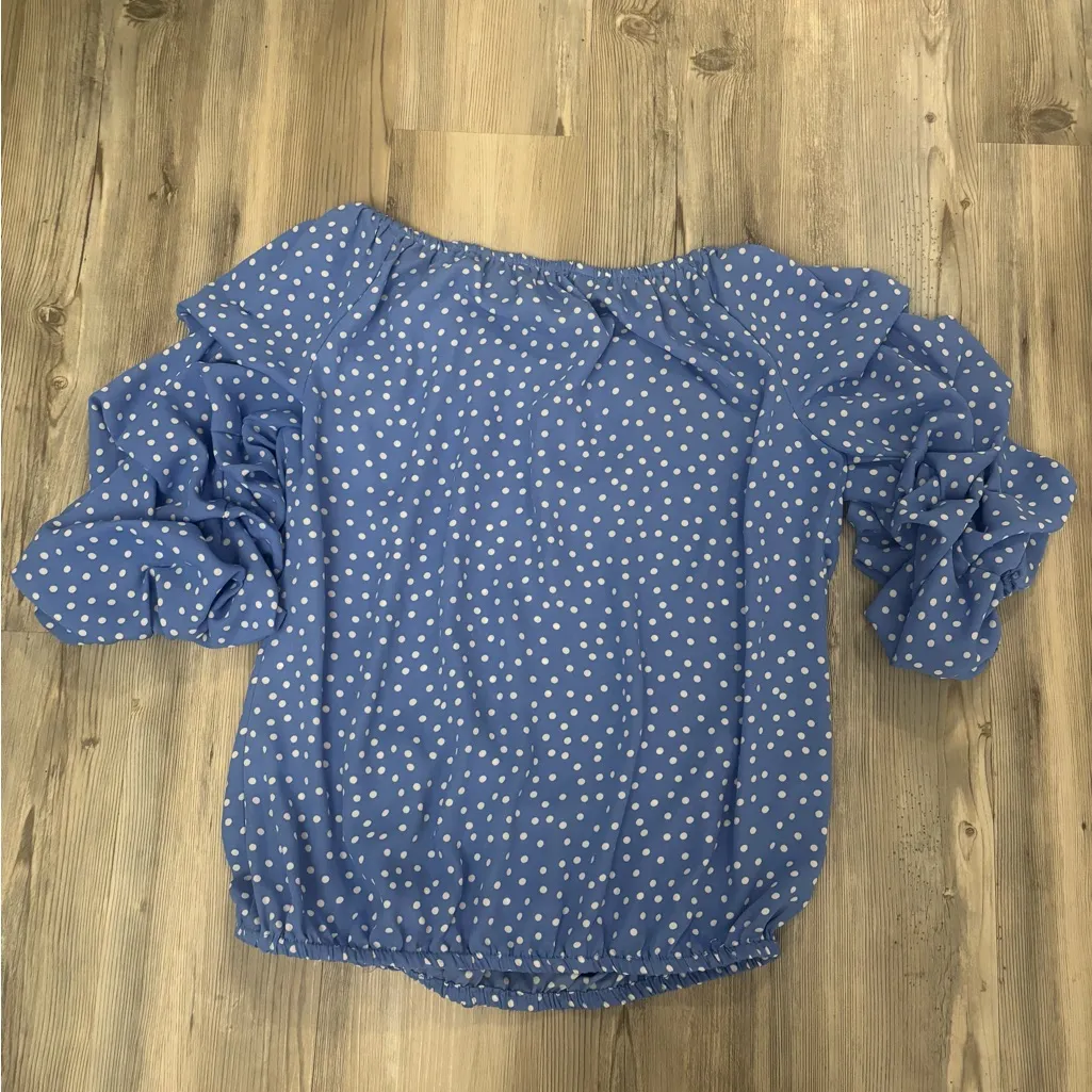 CeCe Blue and White Polka Dot Ruffle Blouse - Image 2