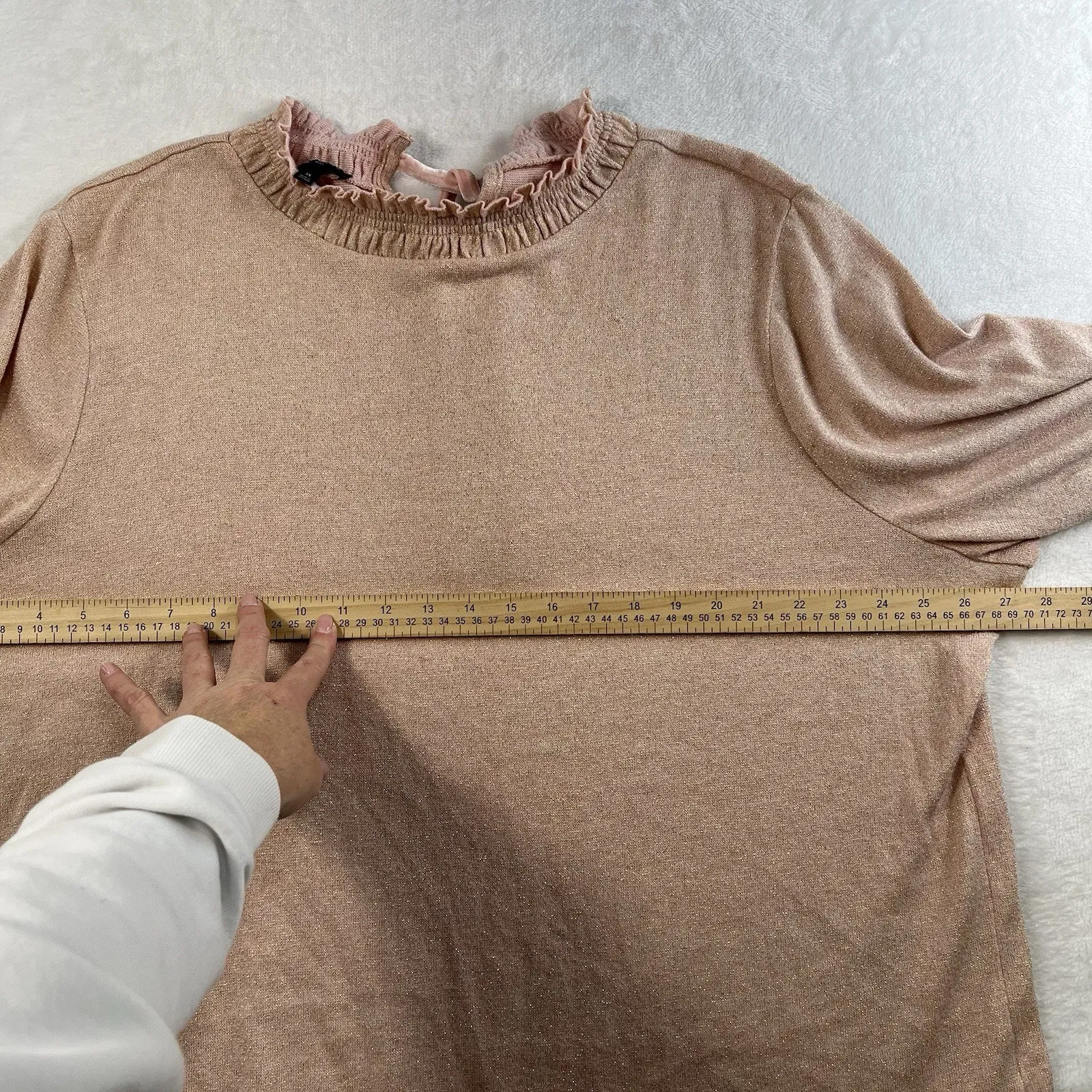 TALBOTS Plus 3X Sparkle Knit Ruffle Mock Neck Sweater Balloon Sleeve Blush Pink - Image 10