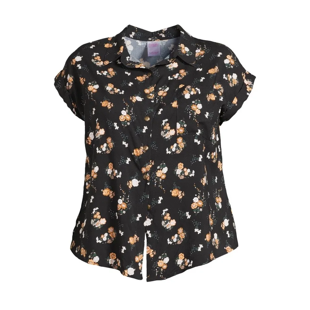 NO BOUNDARIES Shirt Size 3X 23-25 Juniors Tie Front Black Floral New - Image 6