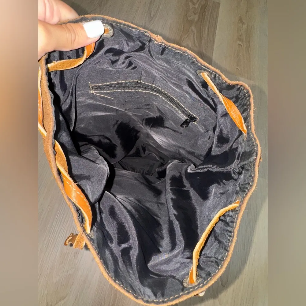 Western Leather Brown & Blue Boho Aztec Drawstring Backpack - Image 2