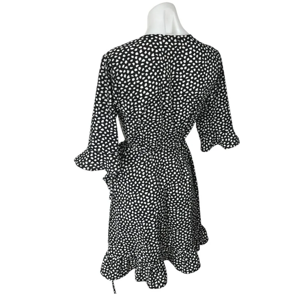Boohoo Black White Contrast Smudge Half Sleeve Ruffle Frill Mini Wrap Dress 10 - Image 2
