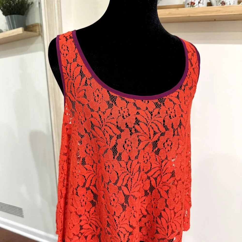 Burnt Orange Sheer Lace Tank Top with Purple Piping Women's Size Medium - Image 3