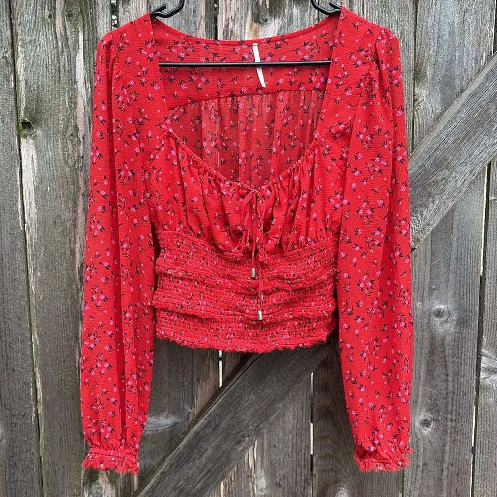 EUC Free People Lolita Red Floral Top Size Small - Image 4