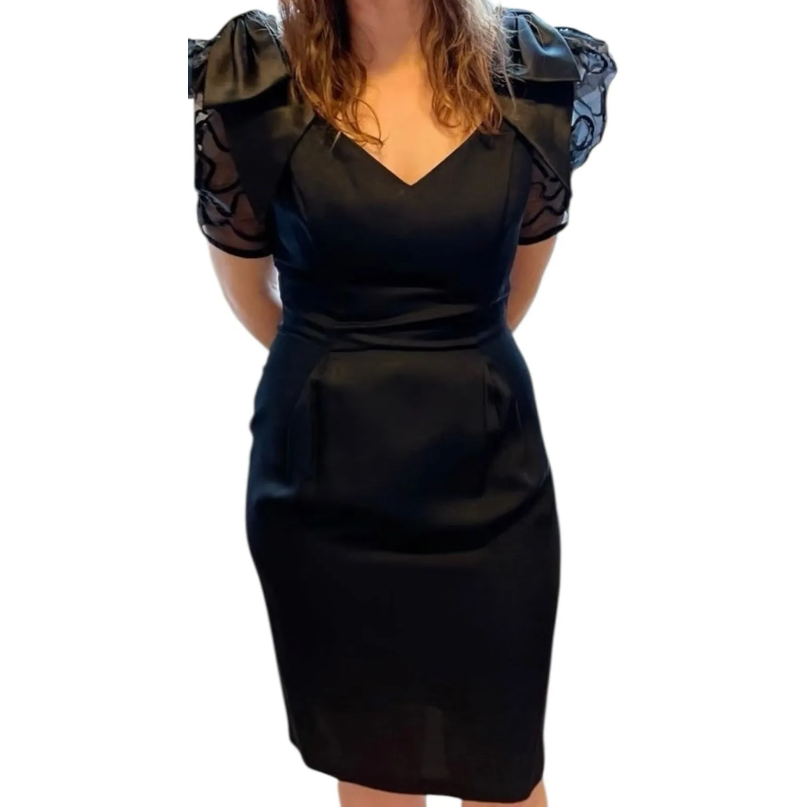 Late Edition‎ Ltd Vintage 80s Black Puff Sleeve Dress 4 Bow Cocktail Party Retro - Image 12