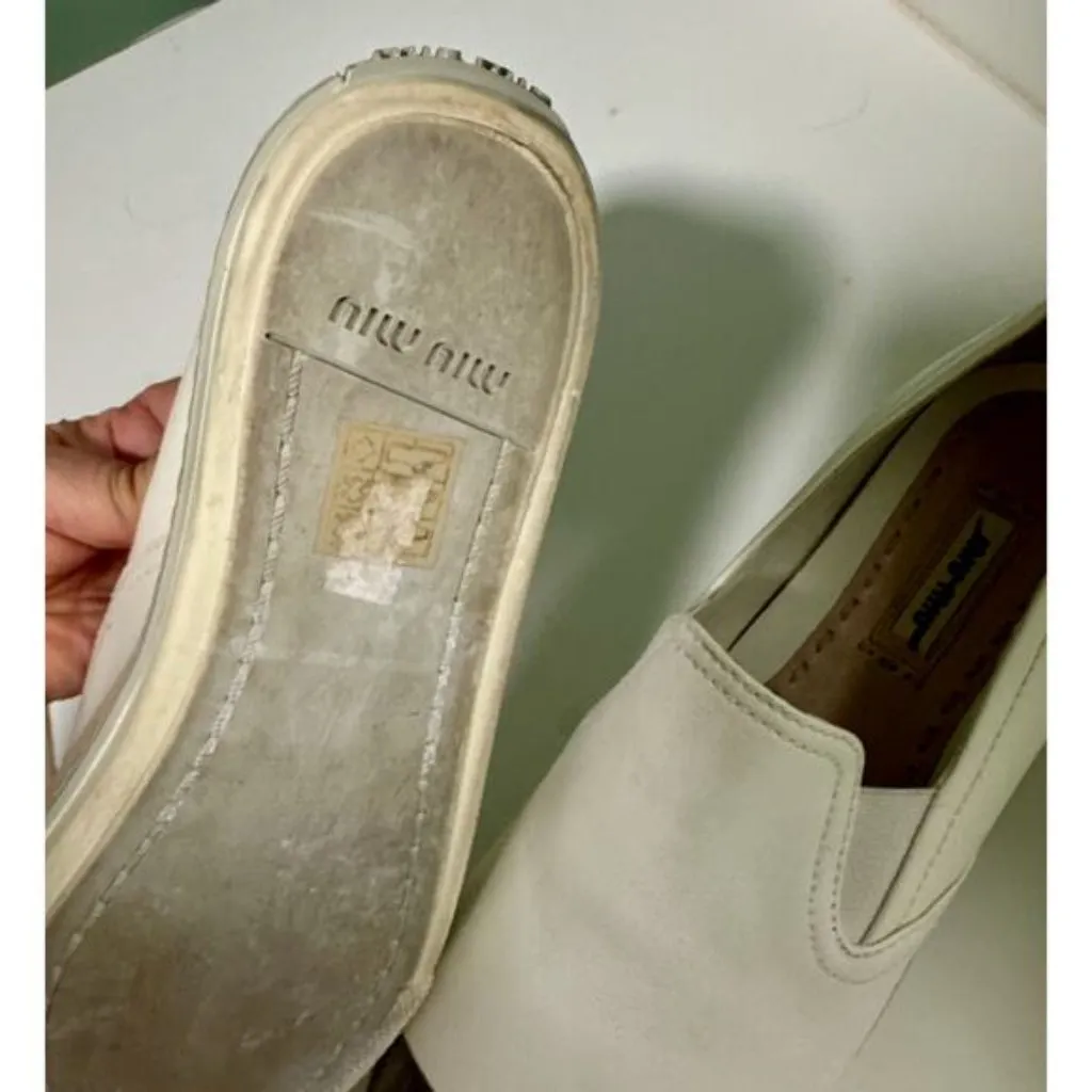 Miu Miu Platform Slip on Sneakers White Leather Silver Toe Cap - Image 3