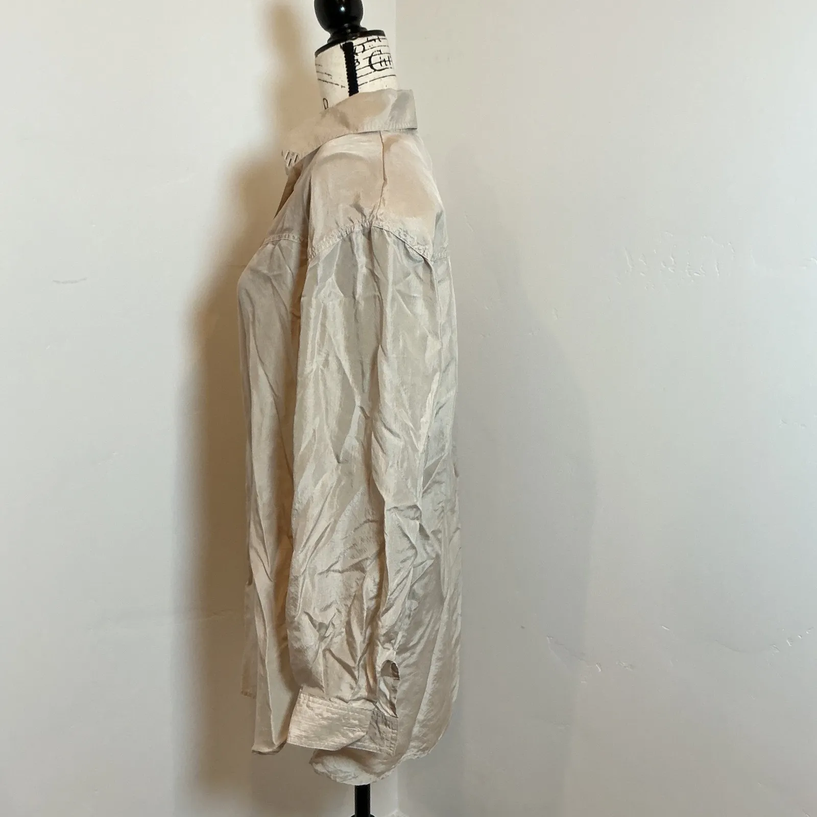 WANTED BY BEADS BEAUTIFUL Silk Embellished Button Up Shirt Top Size L 100% silk Tan Size L - Image 3