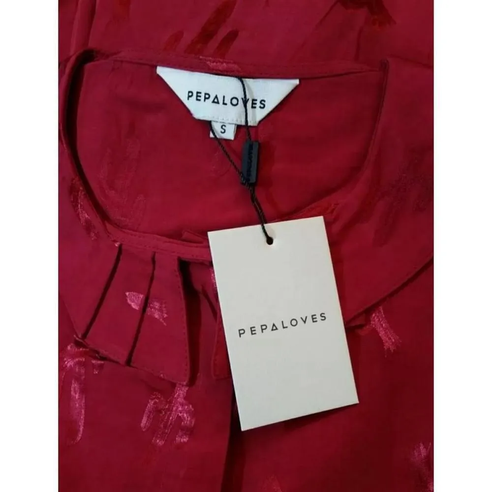 ModCloth Pepaloves Red Stitched Cactus Peter Pan Collar Long Sleeve Blouse Small - Image 7