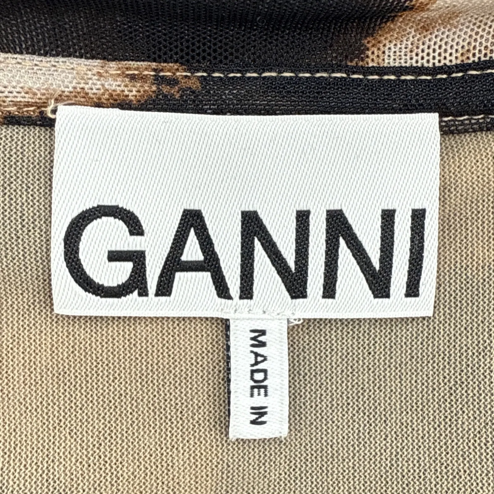 GANNI Leopard Print Mesh Ruched Mock Neck Short Sleeve Top Women's SZ Large 14 - Image 8