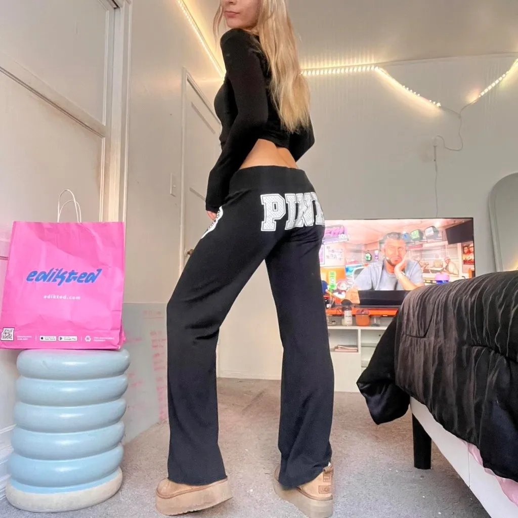 victoria's secret PINK y2k 2000s black letter back print wide leg sweatpants  - Image 7