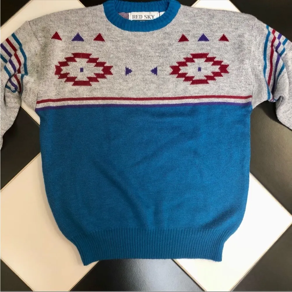 Vintage 70s 80s Red Sky Chunky Knit Crochet Sweater Aztec Southwestern Blue Grey Multiple Size L - Image 3