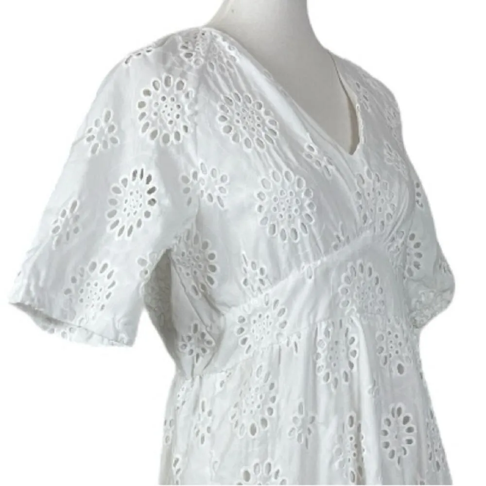White Eyelet Lace Midi Dress Hight Waist V - Image 6
