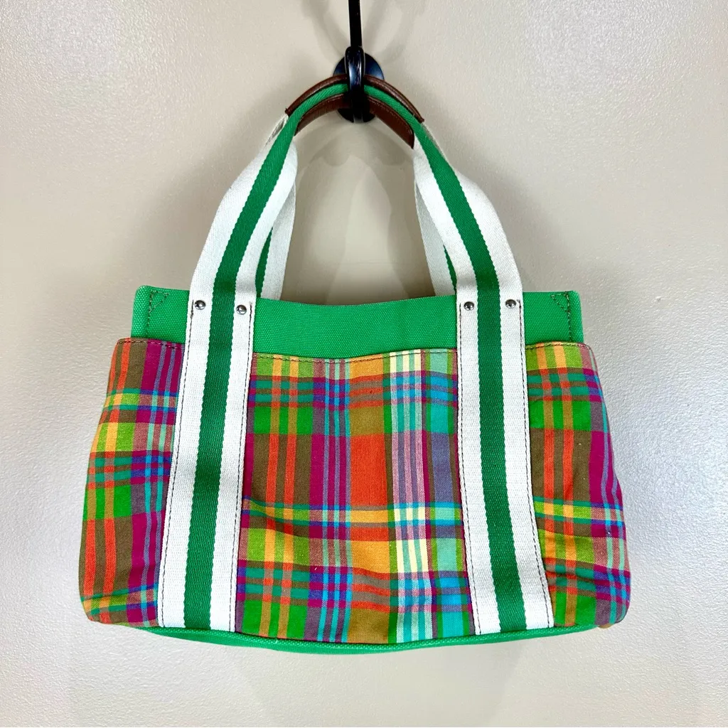 Tommy Hilfiger Y2K Green Multicolor Madras Plaid Tote Bag Purse - Image 3
