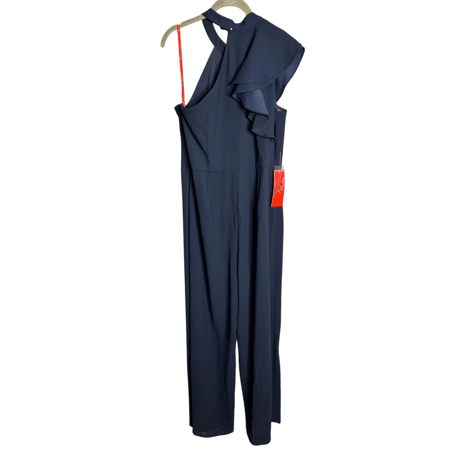 NWT Monique Lhuillier Ruffled Satin Jumpsuit Size 14 Halter Wide Leg Navy Blue - Image 9