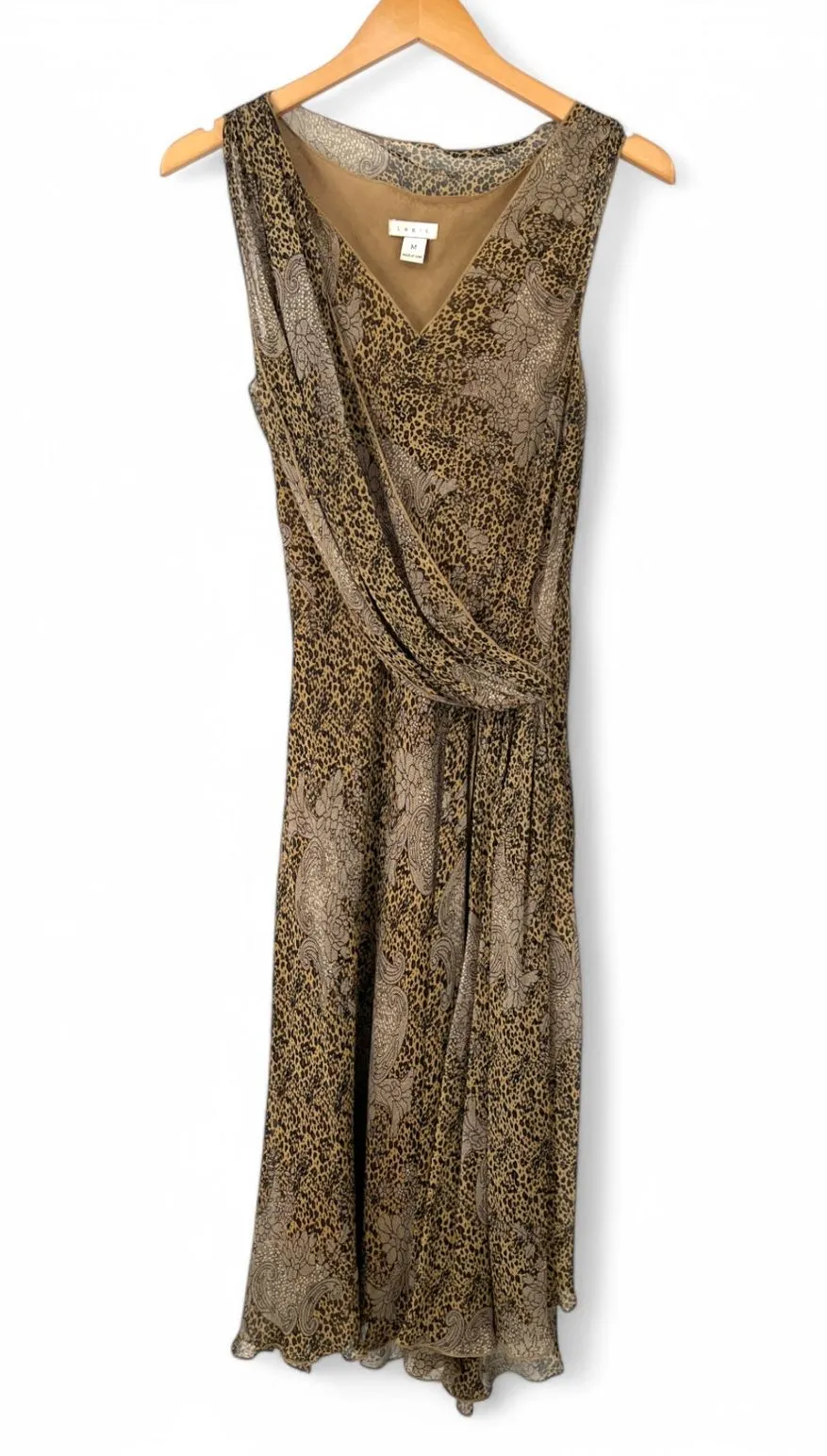 Vintage Lapis | M | 100% Silk Dress Brown Tone Drape Wrap Front Knee Length Slip Size M - Image 1