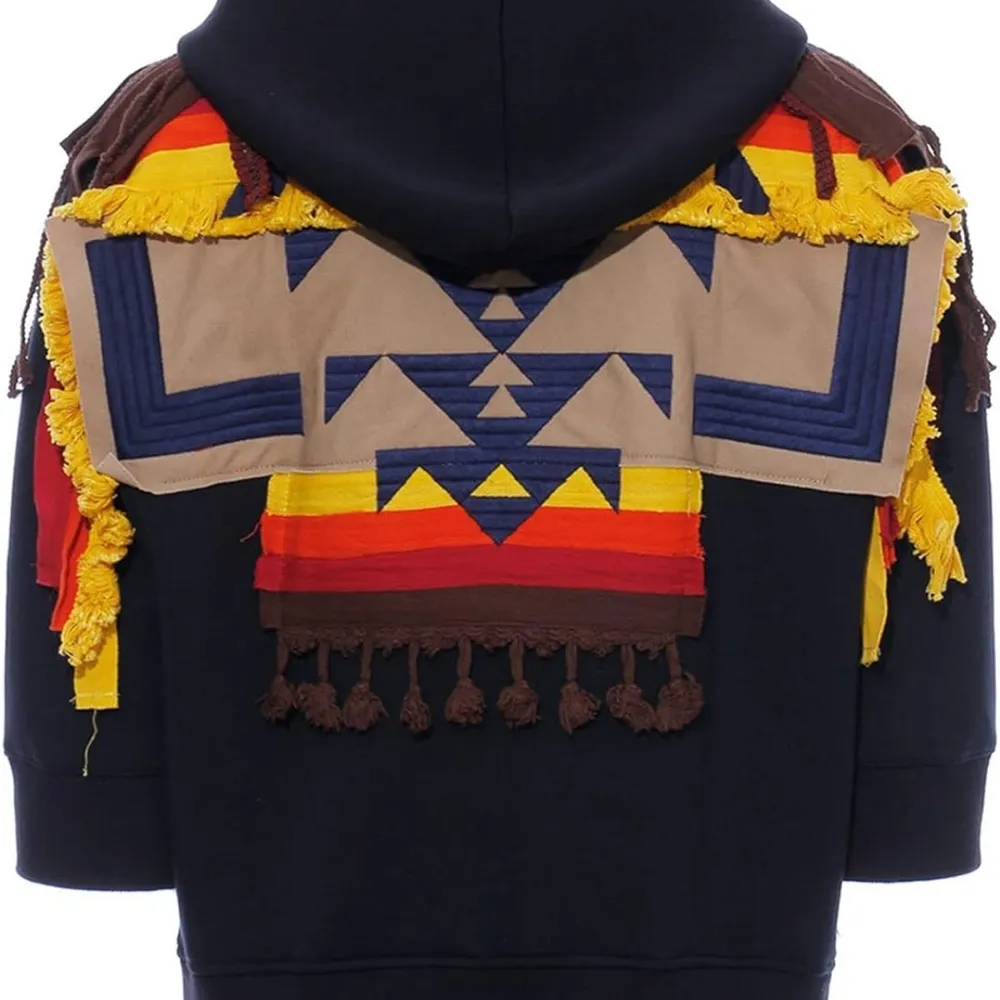 Hoodie Tassel Webbing Embroidery Stitching Side Slit Zipper Sweatshirt size m Blue Size M - Image 6