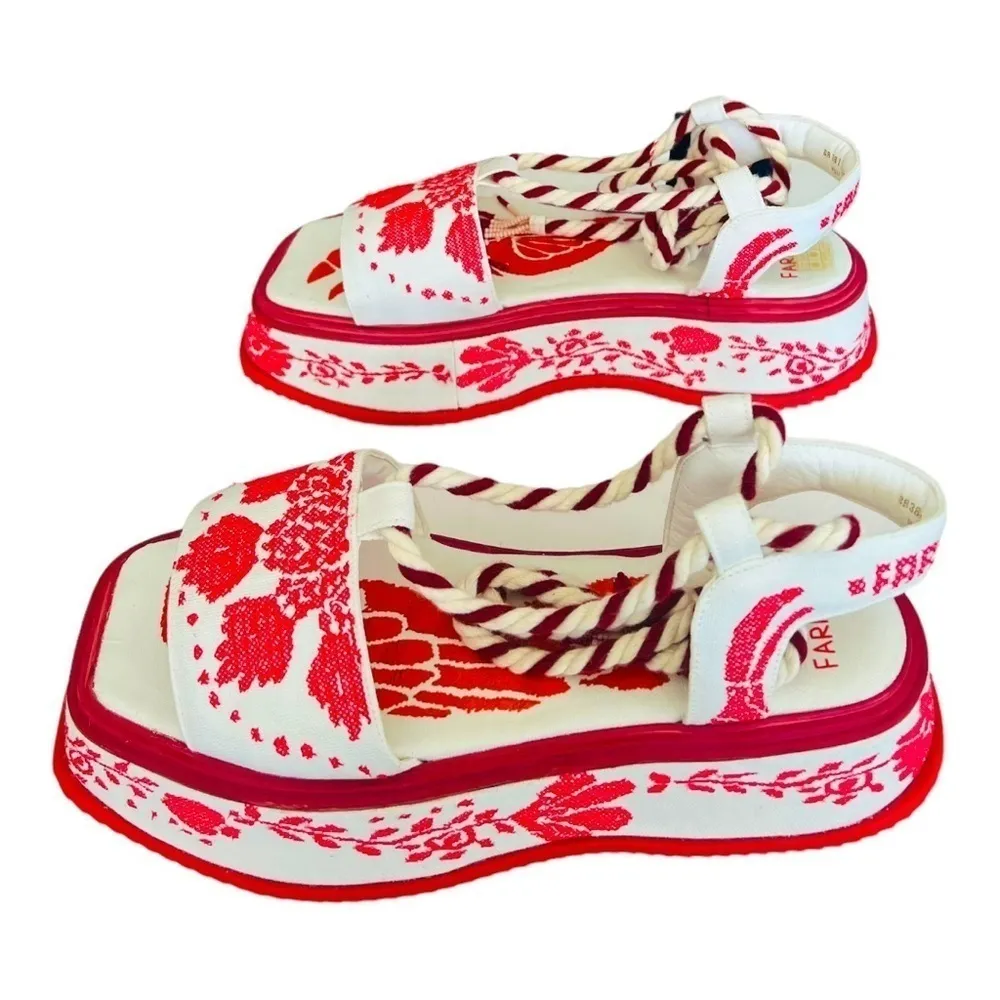 FARM RIO Red Embroidery Cross Stitch Flatform Ankle Lace Up Sandals NEW $285 - Image 6