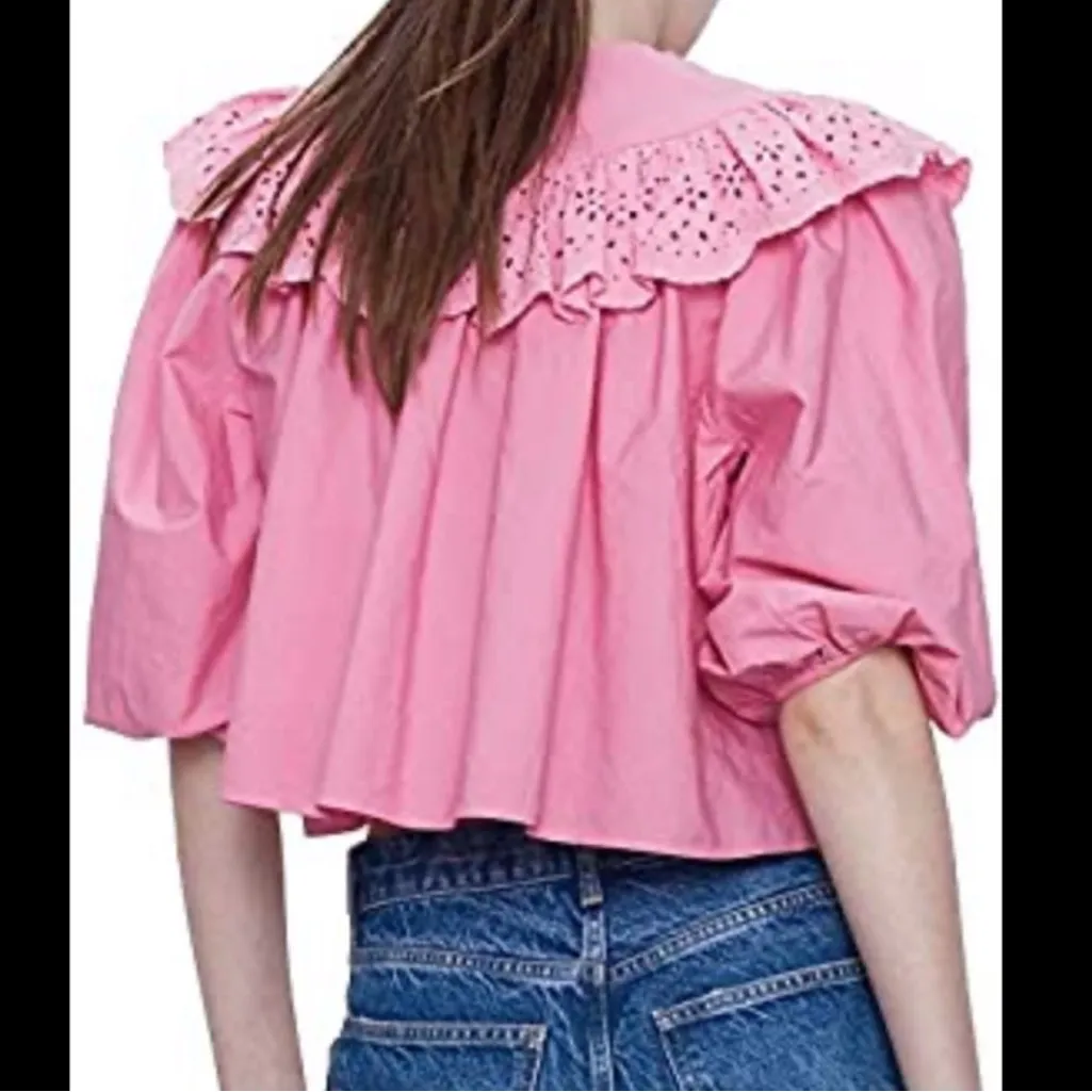 ZARA Eyelet Frilled Poplin Blouse Top Pink XSMALL Balloon Sleeve Women’s NEW - Image 8